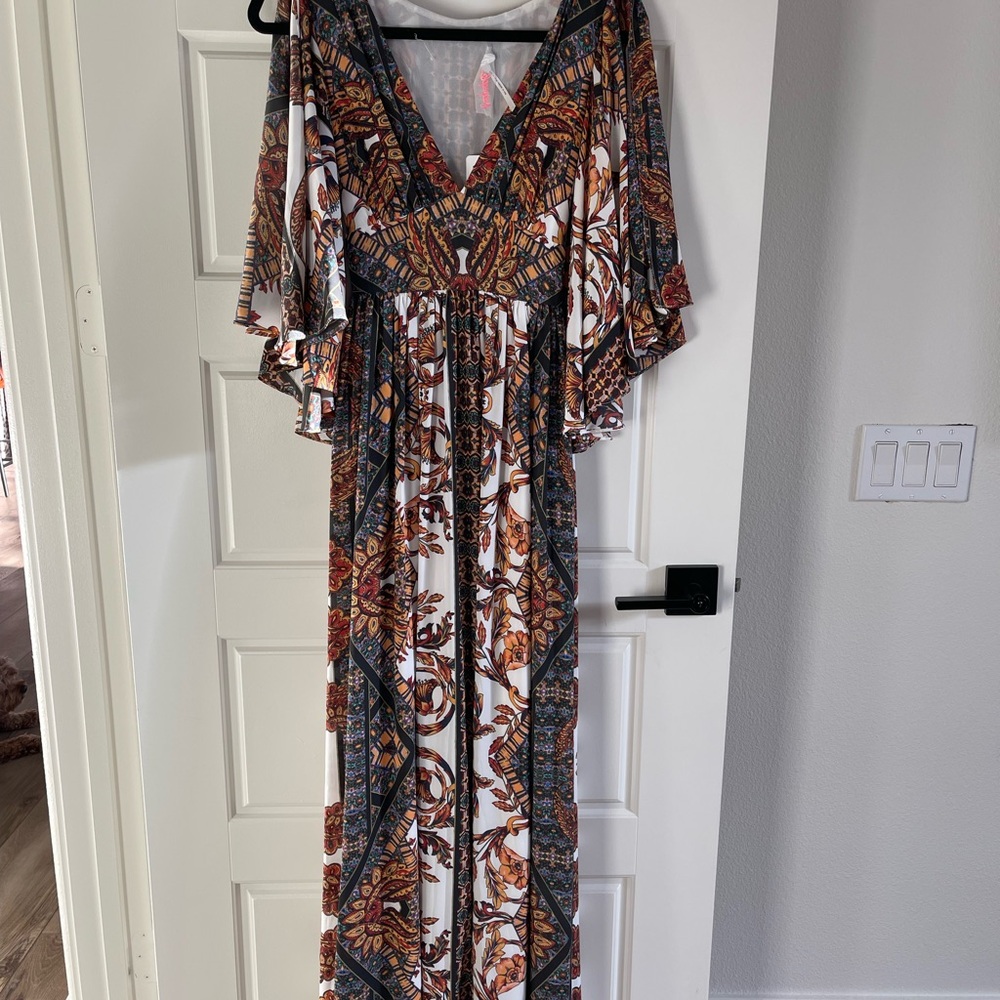 Free People Brown and White Maxi Dress V-Neck Flutter Sleeves